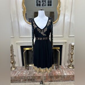 Krista Lee Large  Boho Embellished Dress Black Gold Stretch V-Neck Long Sleeve